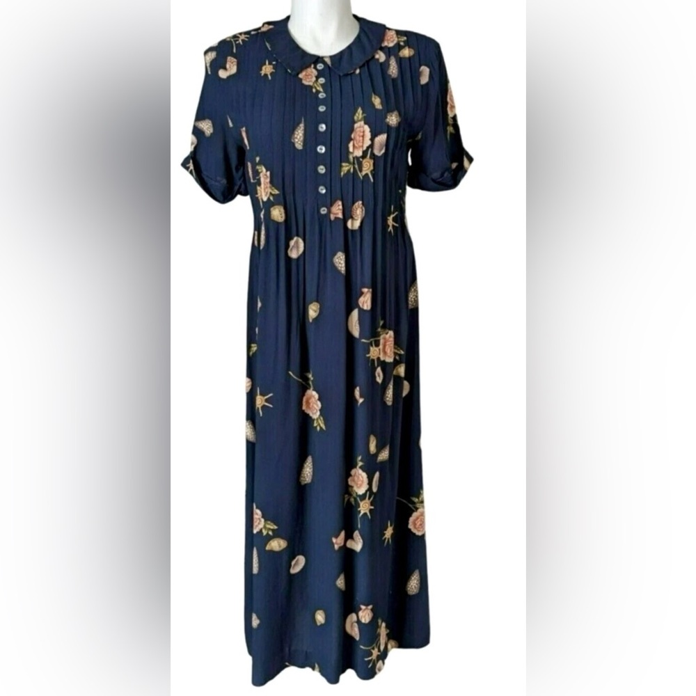 VTG Casual Corner Seashell Cottage Core Dress SIZE 16 Peter Pan Collar Tie Back
